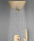 UMJIGF Shower System,Ceiling Mount Brushed Gold Bathroom Brass Ceiling 10-12 Inch Rainfall Shower Faucet System Mixer Set with Tub Taps,A,10 Inch,A-12 Inch, featuring a 10 inch brushed gold rainfall shower head with water flowing.
