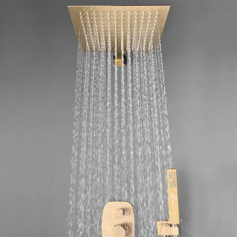 UMJIGF Shower System,Ceiling Mount Brushed Gold Bathroom Brass Ceiling 10-12 Inch Rainfall Shower Faucet System Mixer Set with Tub Taps,A,10 Inch,A-12 Inch, featuring a 10 inch brushed gold rainfall shower head with water flowing.