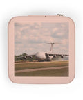 Pink Air Force C Five A Galaxy Inspired Jewelry Travel Case Compact 4 By 4 Inch with image of a plane taxiing on runway