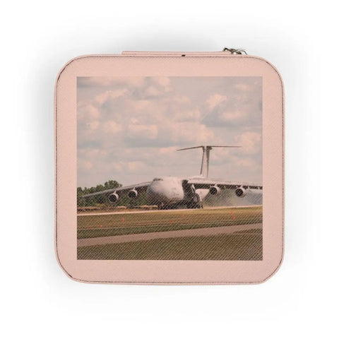 Pink Air Force C Five A Galaxy Inspired Jewelry Travel Case Compact 4 By 4 Inch with image of a plane taxiing on runway