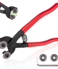 Side view of 7-inch glass tile nippers with red rubber handles and wheeled jaws; includes two replacement blades and Allen wrench.