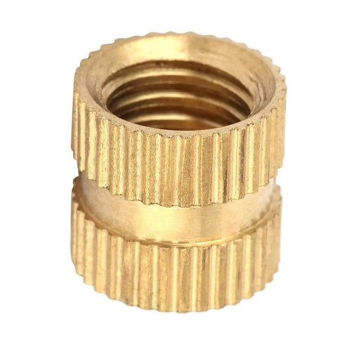 Close-up of single 100 Piece M3 Brass Knurled Threaded Insert Nuts Set For Plastic And 3D Printing With OD 5.3mm And Height 3 To 20mm Blind Hole