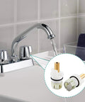 Leak Free Delta Two Handle Faucet Repair Kit With Stem Assembly Replacement Pack Includes Cartridges RP24096 Seats RP4993 Springs And One Quarter Turn Stops 2 Pack shown installed on chrome faucet in bathroom sink.