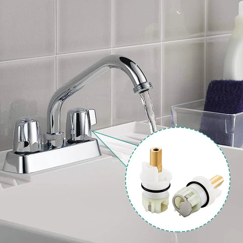 Leak Free Delta Two Handle Faucet Repair Kit With Stem Assembly Replacement Pack Includes Cartridges RP24096 Seats RP4993 Springs And One Quarter Turn Stops 2 Pack shown installed on chrome faucet in bathroom sink.