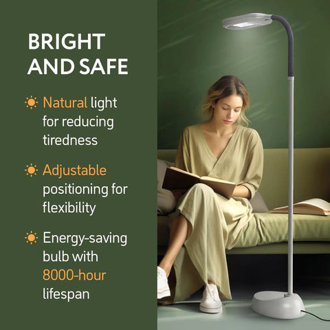 Woman reading by Natural Daylight Floor Lamp With Adjustable Gooseneck For Reading Crafting And Sewing A 6400K Task Light That Feels Like Noon Sunshine Energy Saving 27W LED Bulb Included Ideal For Living Room Bedroom Or Office.