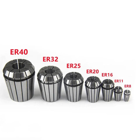 Precision ER11 ER16 ER20 ER25 ER32 Elastic Collet Chuck Set For CNC Engraving Machines showing various sizes of collet chucks.