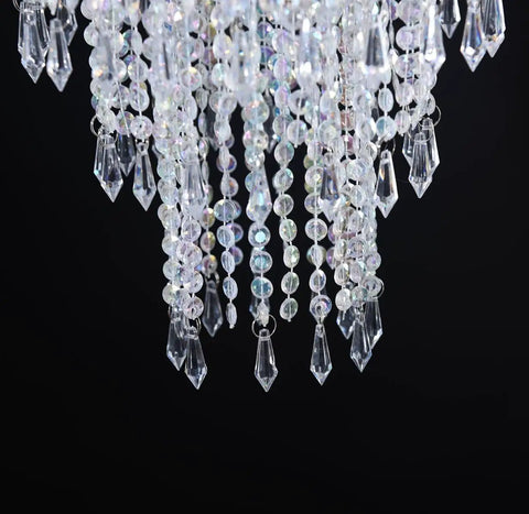 Close-up of the Dope Modern Chrome Beaded Hanging Chandelier With Three Tiers Of Crystal Beads And Acrylic Jewel Droplets Compact 10.25" x 20"