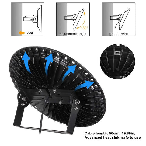 Back view of UFO LED High Bay Lights 6 Pack 300W 30000LM with adjustable mount and cooling system for warehouse shops.