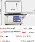 This Smart Automatic Opp Tape Strapping Machine Is A Real Game Changer For Supermarkets Using Heat Seal Technology For Hassle Free Veggies Bundling With No Messy Glue Needed, dimensions shown.