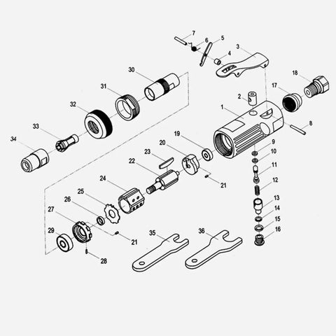 Exploded view of Shop Ready 16 Piece Pneumatic Air Die Grinder Kit with parts labeled, aluminum housing, precision components.