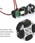 48mm aluminum omni-directional wheel with six black rollers; two-view image shows motor and PCB assembly
