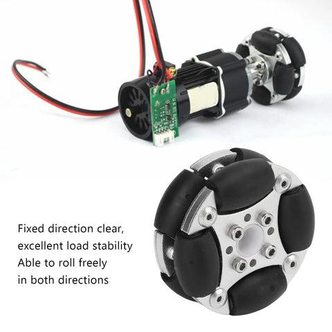 48mm aluminum omni-directional wheel with six black rollers; two-view image shows motor and PCB assembly