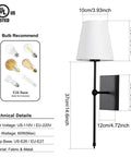 Set Of 2 Slim Wall Sconces With White Fabric Shade And Matte Black Base For Bedroom Bedside Bathroom Vanity And Living Room - Easy Dope Hardwired Indoor Wall Lighting Fixtures with dimensions and details.