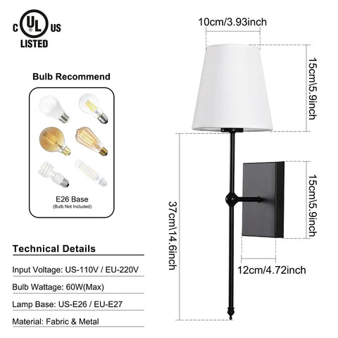 Set Of 2 Slim Wall Sconces With White Fabric Shade And Matte Black Base For Bedroom Bedside Bathroom Vanity And Living Room - Easy Dope Hardwired Indoor Wall Lighting Fixtures with dimensions and details.