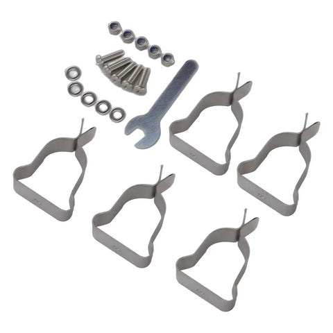 Rock Solid Heavy Duty Window Well Cover Clamps Plus Spring Clips Crafted From Cold Rolled Steel With Zinc Plating For Corrugated Metal And Plastic Wells Perfect For Any Outdoor Job Site To Secure Covers Tight and Tough 5 Pack, with screws, nuts, washers, and wrench