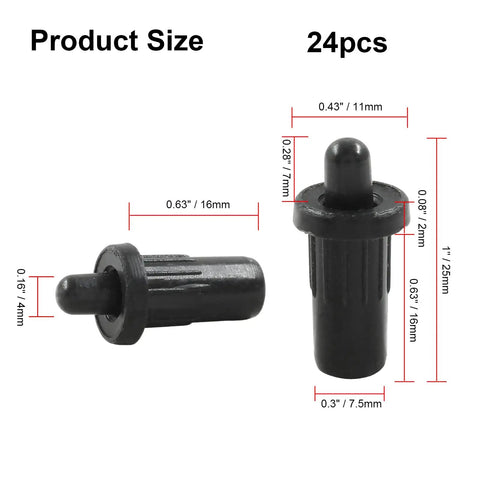 Heavy Duty Black Cabinet Door Repair Pins 24 Pack ABS plastic, 1 inch size, shown with dimensions for quick upgrades and installations.