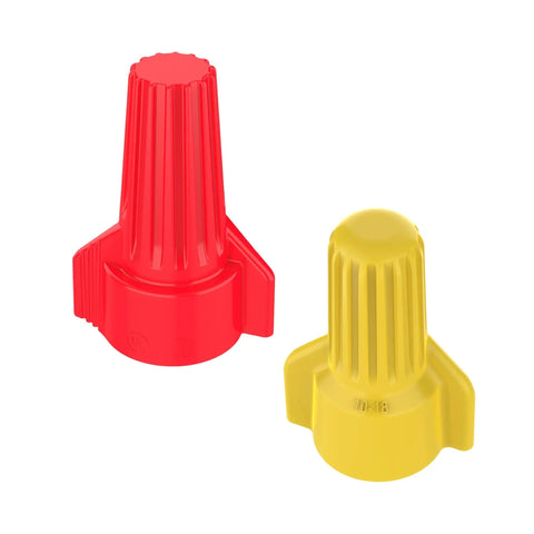 Red and yellow heavy-duty wire nuts from Wire Connector Kit, 150 Piece Mixed Assortment Bag with wing grip design visible.