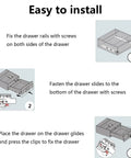 Installation steps for Two Pairs Undermount Drawer Slides With Soft Close Built Tough 10 Inch Full Extension Bottom Mount Heavy Duty Cold Rolled Steel Hidden Sliders For Five Eighths Inch Cabinet Board.