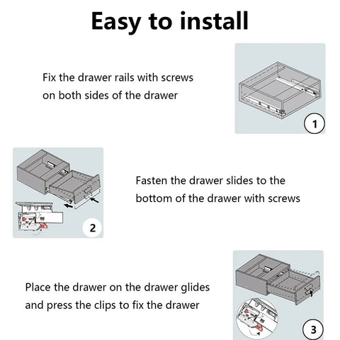 Installation steps for Two Pairs Undermount Drawer Slides With Soft Close Built Tough 10 Inch Full Extension Bottom Mount Heavy Duty Cold Rolled Steel Hidden Sliders For Five Eighths Inch Cabinet Board.