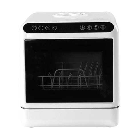 No Install Hassle Portable Countertop Dishwasher Featuring Dual Spray Arms High Heat Sanitizing Cycle And Rapid Air Dry Tech Ready To Go Right Out Of Box For Renters with front view showing control panel and dish rack.