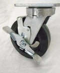 Heavy Duty 6 Inch Rubber On Steel Caster Set With Kingpinless Swivel Wheels With Brakes For Toolboxes, close-up view.