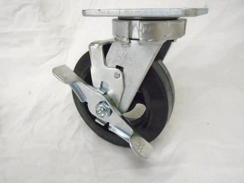 Heavy Duty 6 Inch Rubber On Steel Caster Set With Kingpinless Swivel Wheels With Brakes For Toolboxes, close-up view.