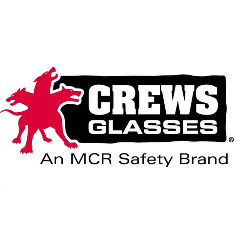 Crews Glasses logo featuring a red three-headed dog, an MCR Safety brand