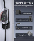 No Fuss Level One And Two Electric Vehicle Charger With Twenty Five Foot Heavy Duty Cord Nema Plugs, includes holders and accessories.