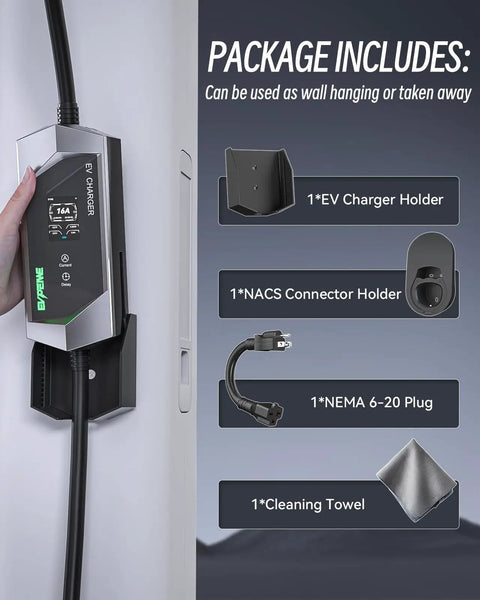 No Fuss Level One And Two Electric Vehicle Charger With Twenty Five Foot Heavy Duty Cord Nema Plugs, includes holders and accessories.