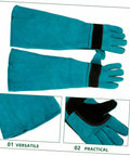 Pet Grooming Gloves For Dogs And Cats With Long Sleeve Protective Faux Leather, Safe Handling And Bath Time shown with details.
