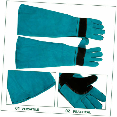 Pet Grooming Gloves For Dogs And Cats With Long Sleeve Protective Faux Leather, Safe Handling And Bath Time shown with details.