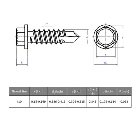 Technical diagram for 60 Pieces Heavy Duty Self Drilling Screws For Metal Number 10 By 2 Inch 410 Stainless Steel with measurements.