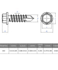 Technical diagram of Self Drilling Screws For Metal 132-Piece Set, Size 10 X 3/4 Inch, 410 stainless steel, hex washer head.