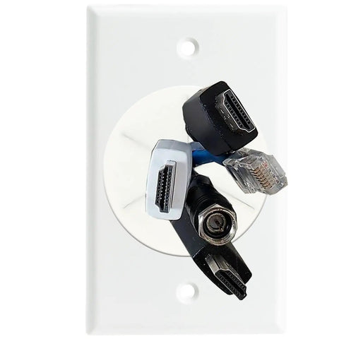 Slick Grommet Wall Plate For In-Wall Cable Management And Wire Concealment To Clean Your Rig Via Hdmis Ethernet And Speaker Cable Routing Through Walls Making Room And Showcasing Smooth Durable Abs White Finish with HDMI and Ethernet cables.