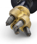 Heavy Duty 6 Inch Rock Auger Bit With 2 Inch Hex Drive For Easy Earth Drilling In Tough Soils Durable Steel Construction Reinforced Spiral Flighting Black Finish Pro Grade Tool, close-up of carbide-tipped brass teeth.