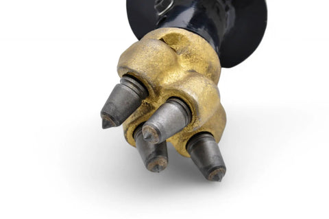 Heavy Duty 6 Inch Rock Auger Bit With 2 Inch Hex Drive For Easy Earth Drilling In Tough Soils Durable Steel Construction Reinforced Spiral Flighting Black Finish Pro Grade Tool, close-up of carbide-tipped brass teeth.