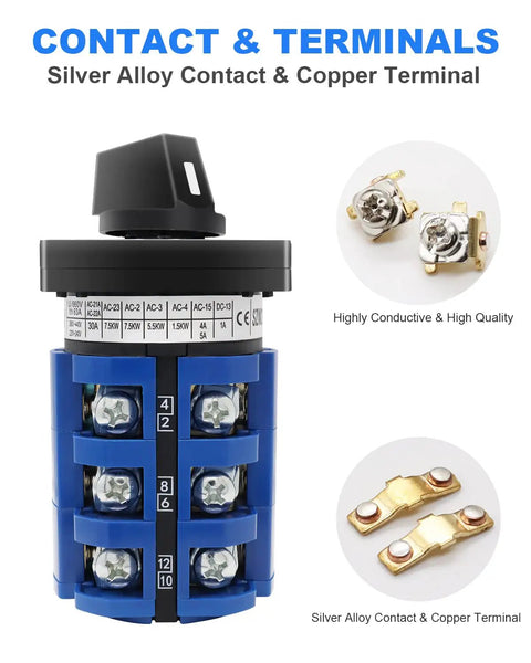 Built Tough Multi Transfer Switch 660V 63A 3 Position Changeover With 12 Terminals For RV Camper And Boat Electrical System Durable Copper Core Rotary Switch For Reliable Power Switching, silver alloy contacts