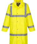 Long Men's Hi Vis Rain Jacket ANSI Class 3 Yellow With Reflective Strips Pack Away Hood, extra long 122cm 4X-Large worksite ready