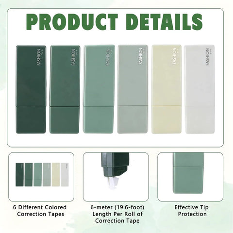 Green Aesthetic Desk Stationery Set with six correction tapes in different colors and features detailed