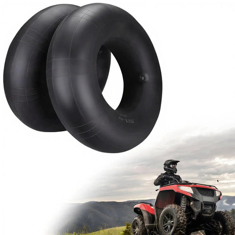 Two Pack 25x8x12 ATV UTV Inner Tubes Heavy Duty Butyl Rubber With TR6 Metal Valve Stem shown with ATV in mountainous terrain