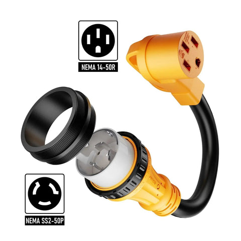 Badass High Grade Heavy Duty SS2 50P To 14 50R 50 Amp Marine Shore Power Adapter Cord For Tesla EV RV Camper Yacht Twist Lock Generator Dockside Boat Hookup Rig with NEMA connectors.