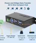 Heavy Duty Four Port USB 3.0 Hub Drives Serious 5Gbps Speeds, showing terminal block and USB ports for PC and Mac setups.