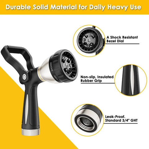 Heavy Duty Fireman Style Hose Nozzle With Eight Spray Patterns, Lever Control Ergonomic Grip, Built Like A Tank All Metal