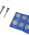 Forty Four Piece Cutting Wheel Set With Diamond Cutter Wheels And Circular Saw Blades For Rotary Tools displayed with discs and spindles