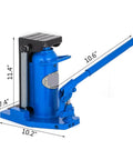 Tough As Nails Premium Heavy Duty Hydraulic Toe Lift Jack With 10 Ton Top Capacity And 5 Ton Toe Pull Power For Fast Car Maintenance and Emergency Garage Work Or Rigging Jobs, blue jack with measurements.