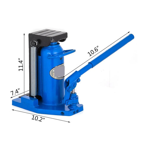 Tough As Nails Premium Heavy Duty Hydraulic Toe Lift Jack With 10 Ton Top Capacity And 5 Ton Toe Pull Power For Fast Car Maintenance and Emergency Garage Work Or Rigging Jobs, blue jack with measurements.