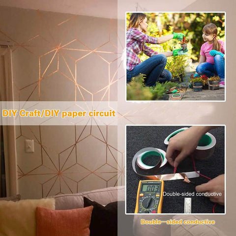 Six Pack Copper Foil Tape used in DIY crafts, paper circuits; images show tape application and usage in craft projects.