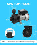 Straight Up Professional Heavy Duty Hot Tub Bath Pump Motor 110V 9A 1.5 Inch Port 116GPM Flow Rate top view with dimensions.