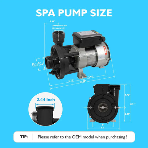 Straight Up Professional Heavy Duty Hot Tub Bath Pump Motor 110V 9A 1.5 Inch Port 116GPM Flow Rate top view with dimensions.