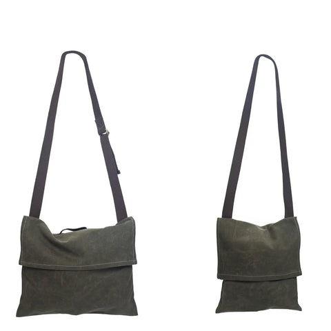 Waxed Canvas Bushcraft Messenger Bag 16oz Durable Haversack With Pocket For Gardening And Camping Antique Olive front and side view